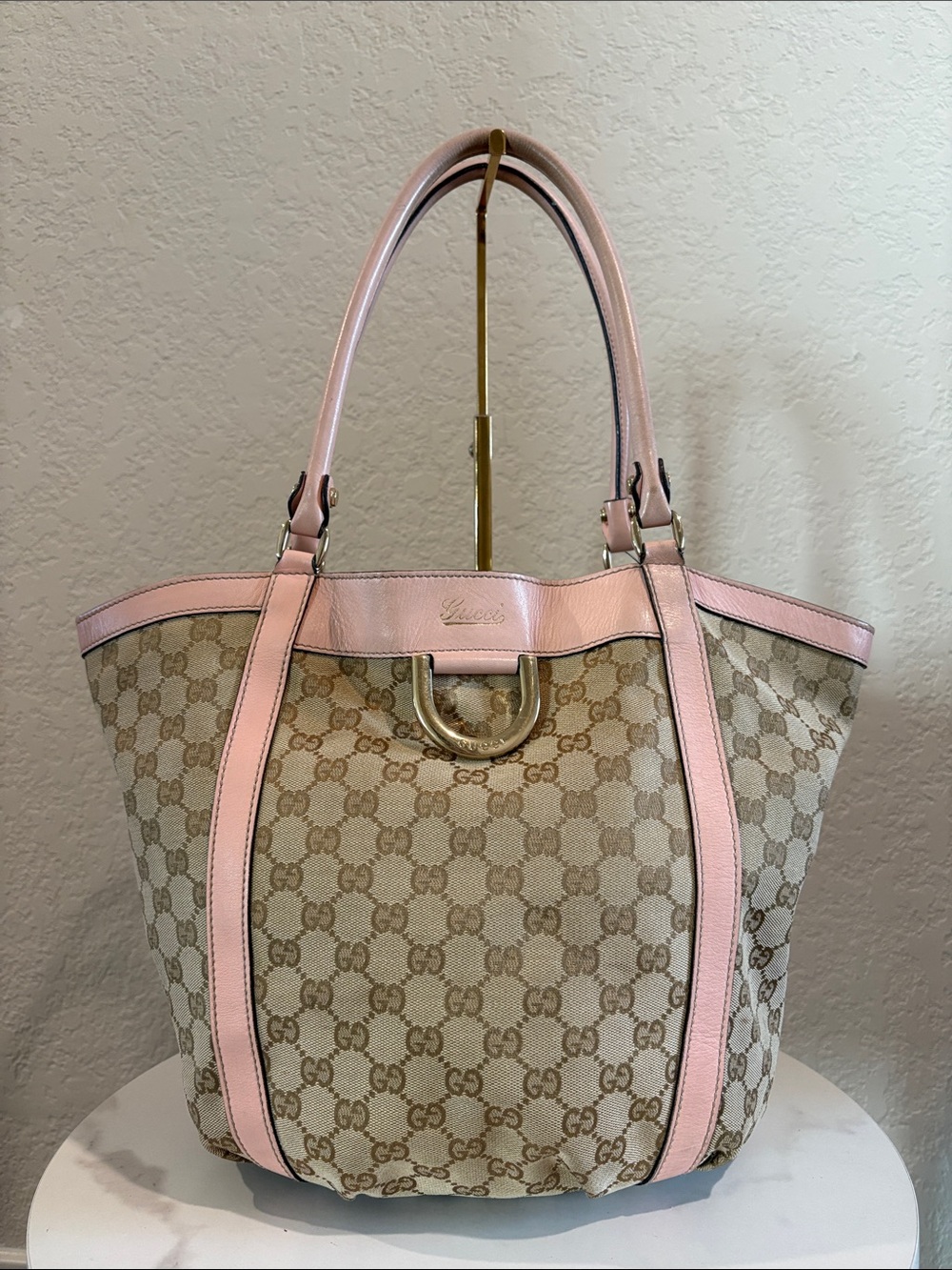 Gucci Beige GG Canvas Tote with Pink Leather Trim